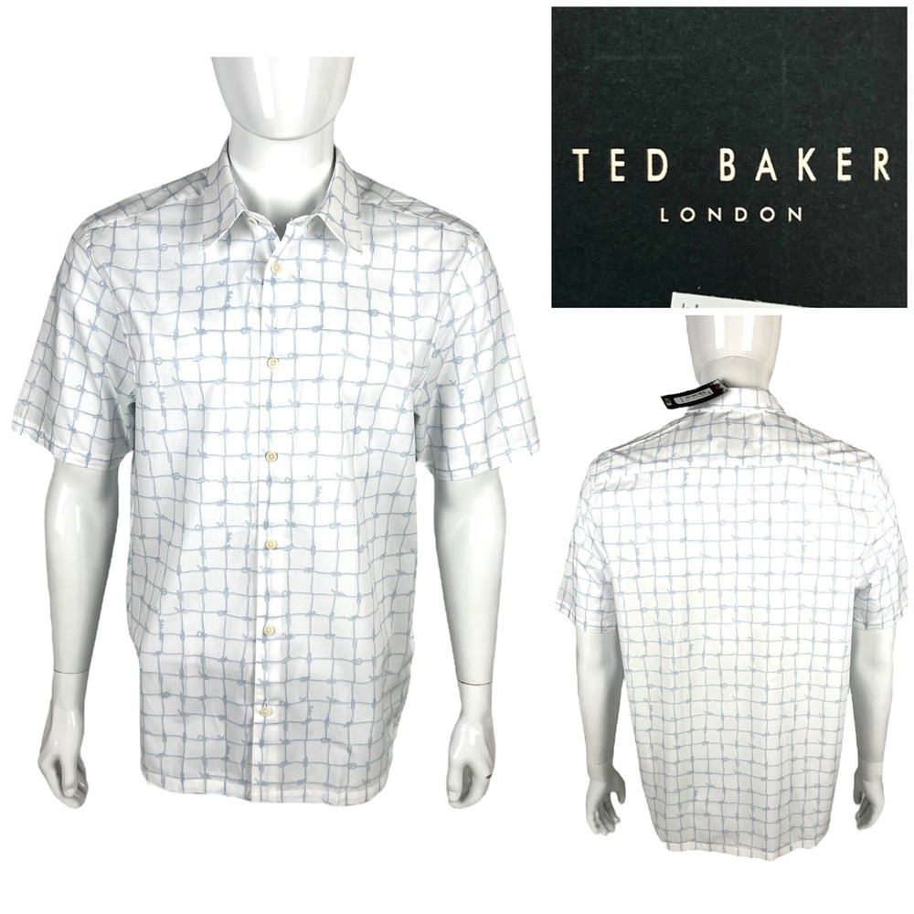 Ted Baker Mens 4 - Large Shirt White Knots Pattern Short Sleeve Designer NWT